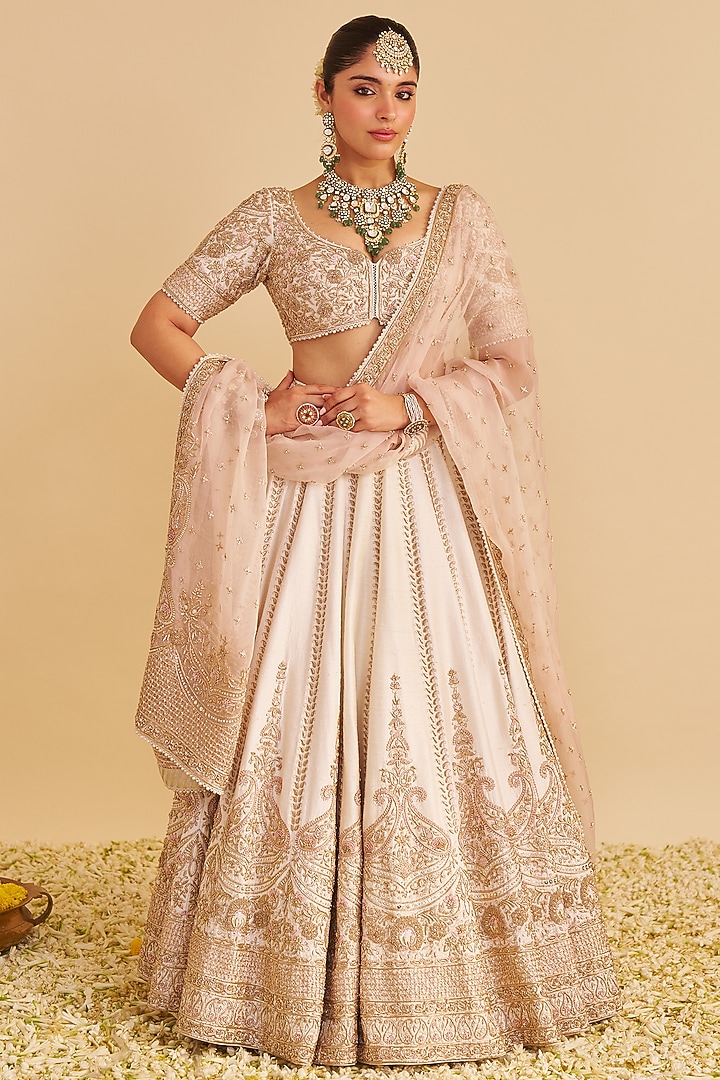 Daisy Ivory & Blush Pink Pure Raw Silk Zardosi Embroidered Bridal Lehenga Set by Sheetal Batra at Pernia's Pop Up Shop