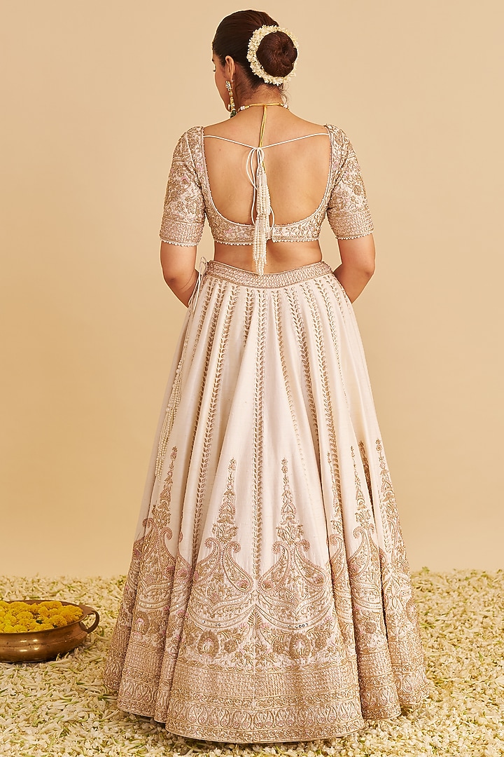 Daisy Ivory & Blush Pink Pure Raw Silk Zardosi Embroidered Bridal Lehenga Set by Sheetal Batra at Pernia's Pop Up Shop