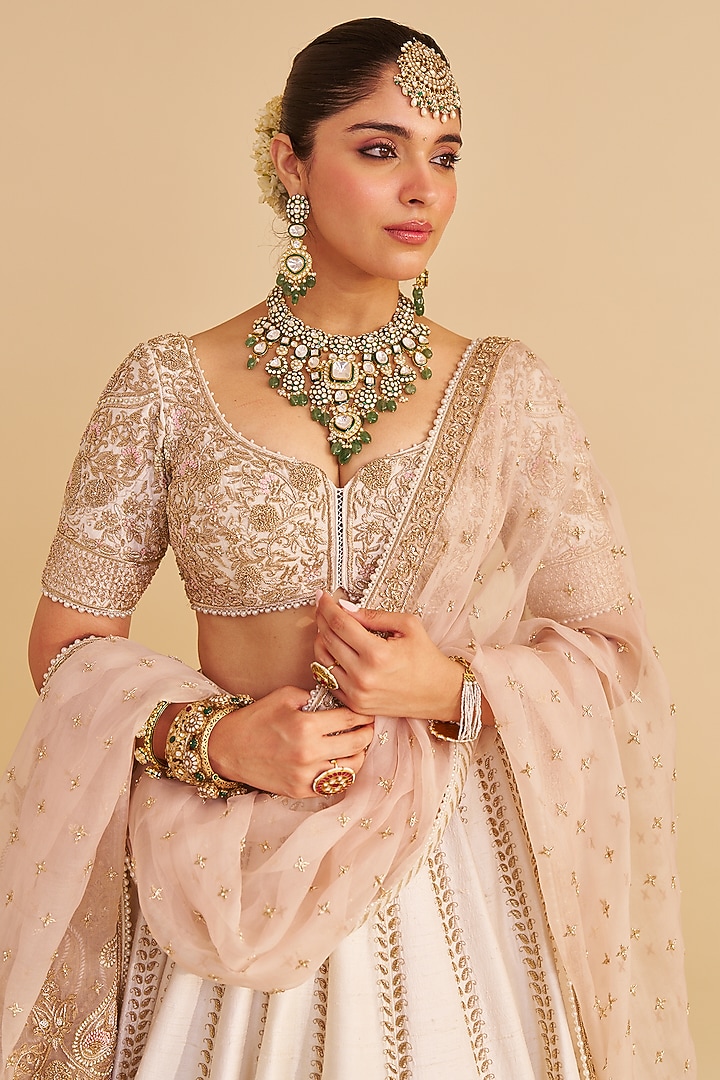 Daisy Ivory & Blush Pink Pure Raw Silk Zardosi Embroidered Bridal Lehenga Set by Sheetal Batra at Pernia's Pop Up Shop