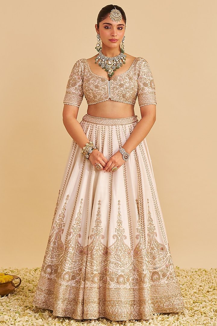 Daisy Ivory & Blush Pink Pure Raw Silk Zardosi Embroidered Bridal Lehenga Set by Sheetal Batra at Pernia's Pop Up Shop