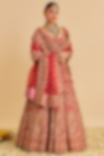 Deep Red Pure Raw Silk Zardosi Embroidered Bridal Lehenga Set by Sheetal Batra at Pernia's Pop Up Shop