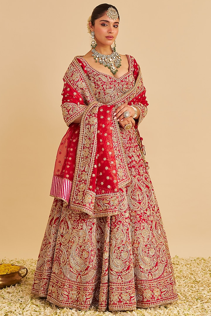 Deep Red Pure Raw Silk Zardosi Embroidered Bridal Lehenga Set by Sheetal Batra at Pernia's Pop Up Shop