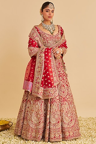 Deep Red Pure Raw Silk Zardosi Embroidered Lehenga Set by Sheetal Batra