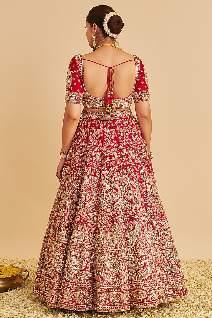 Deep Red Pure Raw Silk Zardosi Embroidered Bridal Lehenga Set by Sheetal Batra at Pernia's Pop Up Shop