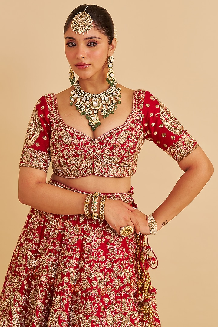 Deep Red Pure Raw Silk Zardosi Embroidered Bridal Lehenga Set by Sheetal Batra at Pernia's Pop Up Shop