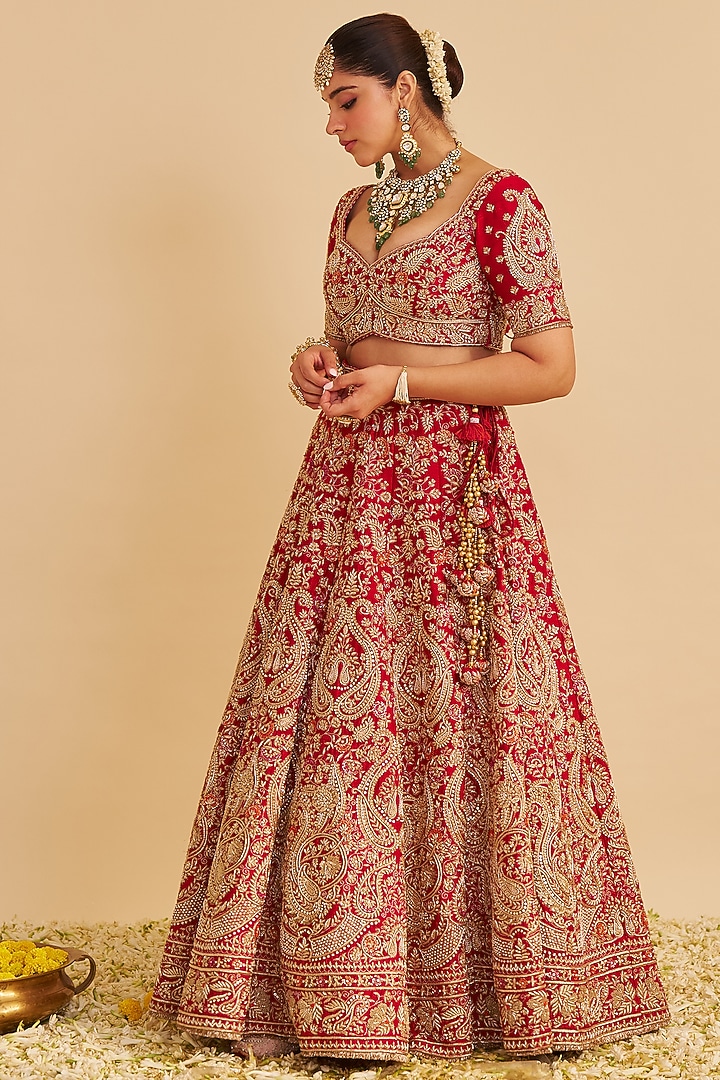 Deep Red Pure Raw Silk Zardosi Embroidered Bridal Lehenga Set by Sheetal Batra at Pernia's Pop Up Shop