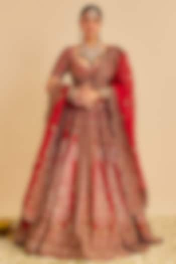 Deep Red Pure Raw Silk Zardosi Embroidered Bridal Lehenga Set by Sheetal Batra at Pernia's Pop Up Shop
