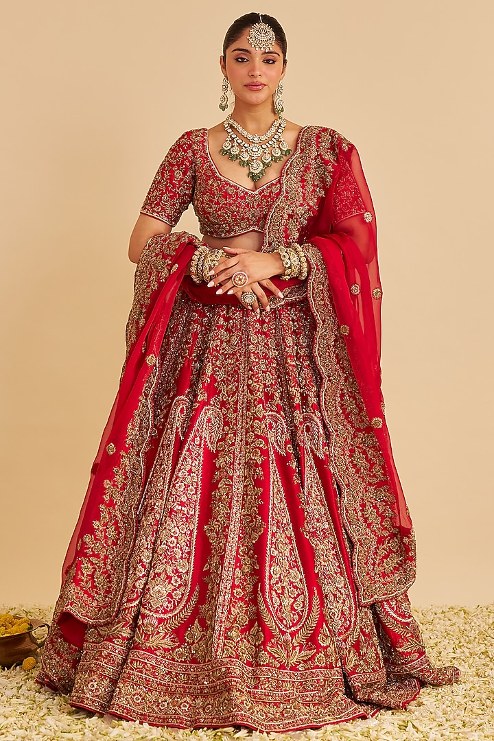 Deep Red Pure Raw Silk Zardosi Embroidered Bridal Lehenga Set by Sheetal Batra at Pernia's Pop Up Shop