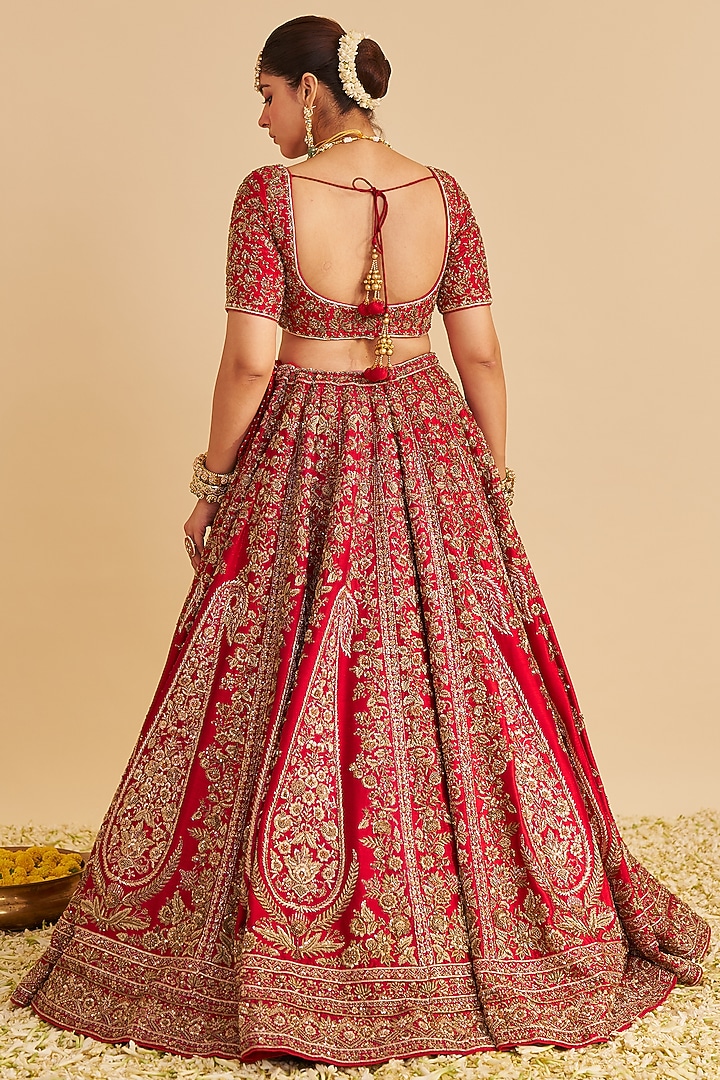 Deep Red Pure Raw Silk Zardosi Embroidered Bridal Lehenga Set by Sheetal Batra at Pernia's Pop Up Shop