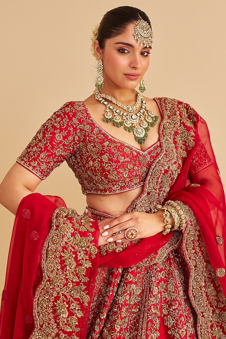 Deep Red Pure Raw Silk Zardosi Embroidered Bridal Lehenga Set by Sheetal Batra at Pernia's Pop Up Shop