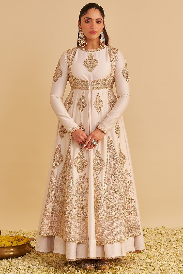 Daisy Ivory Silk Chanderi Zardosi Embroidered Bridal Anarkali Set by Sheetal Batra at Pernia's Pop Up Shop