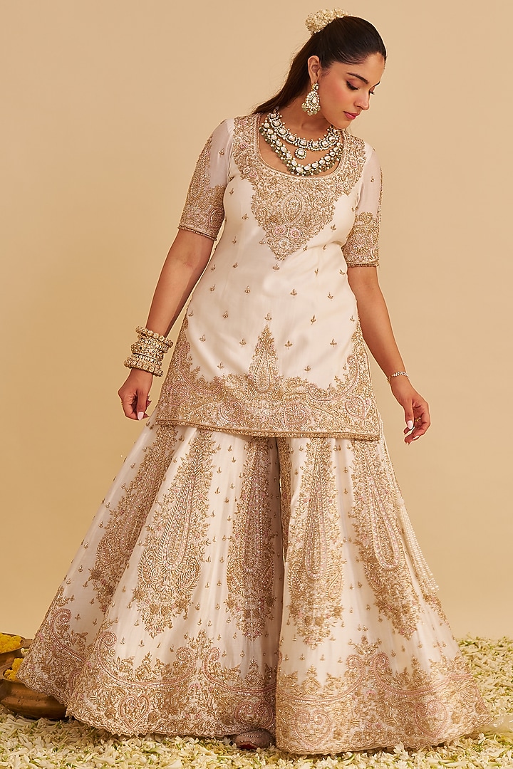 Daisy Ivory Silk Chanderi Zardosi Embroidered Bridal Sharara Set by Sheetal Batra at Pernia's Pop Up Shop