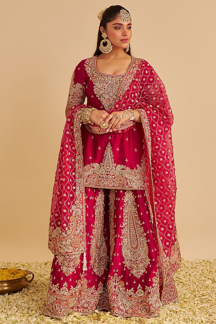 Hot Pink Silk Chanderi Zardosi Embroidered Bridal Sharara Set by Sheetal Batra at Pernia's Pop Up Shop