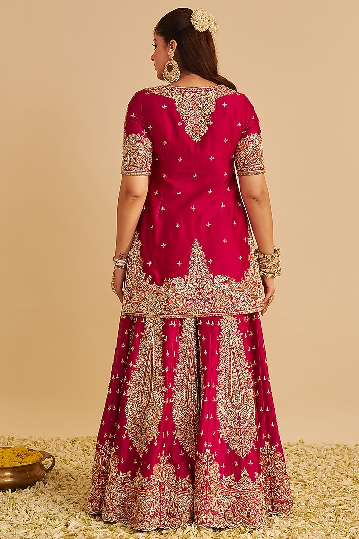 Hot Pink Silk Chanderi Zardosi Embroidered Bridal Sharara Set by Sheetal Batra at Pernia's Pop Up Shop