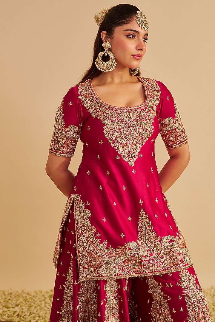 Hot Pink Silk Chanderi Zardosi Embroidered Bridal Sharara Set by Sheetal Batra at Pernia's Pop Up Shop