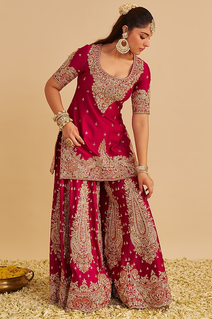 Hot Pink Silk Chanderi Zardosi Embroidered Bridal Sharara Set by Sheetal Batra at Pernia's Pop Up Shop