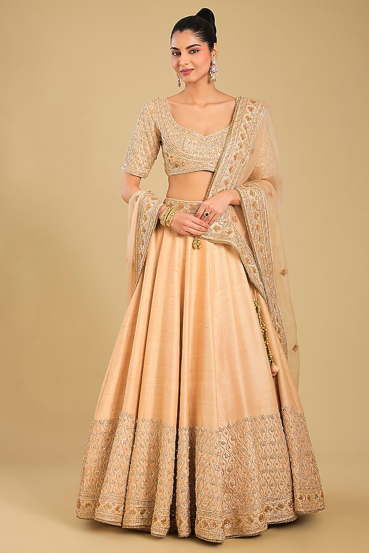 Gold Pure Raw Silk Zardosi Embroidered Bridal Lehenga Set by Sheetal Batra at Pernia's Pop Up Shop