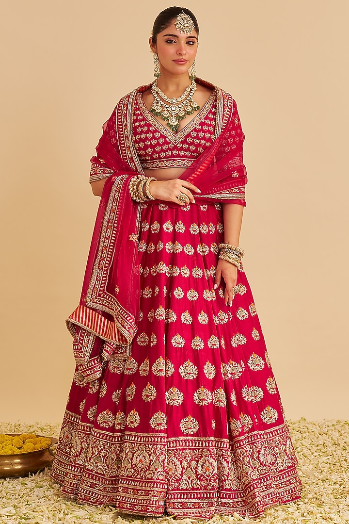 Hot Pink Raw Pure Silk Zardosi Embroidered Bridal Lehenga Set by Sheetal Batra at Pernia's Pop Up Shop