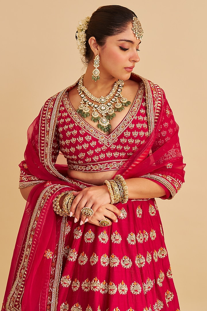 Hot Pink Raw Pure Silk Zardosi Embroidered Bridal Lehenga Set by Sheetal Batra at Pernia's Pop Up Shop