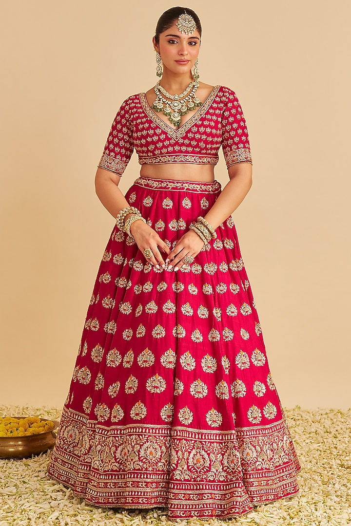 Hot Pink Raw Pure Silk Zardosi Embroidered Bridal Lehenga Set by Sheetal Batra at Pernia's Pop Up Shop