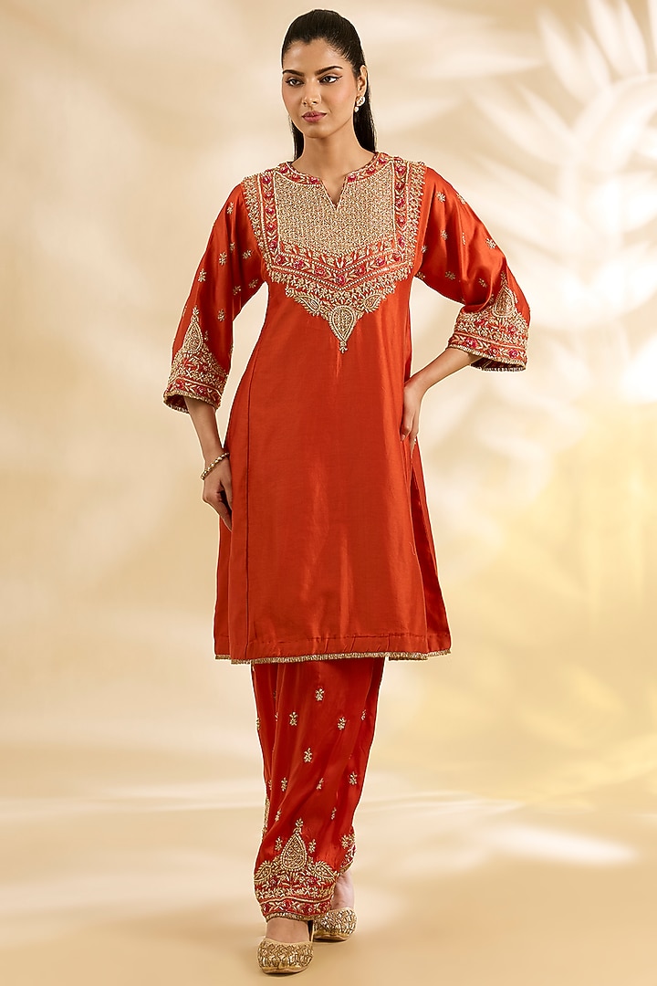 Burnt Orange Silk Chanderi Embroidered Kurta Set by Sheetal Batra at Pernia's Pop Up Shop