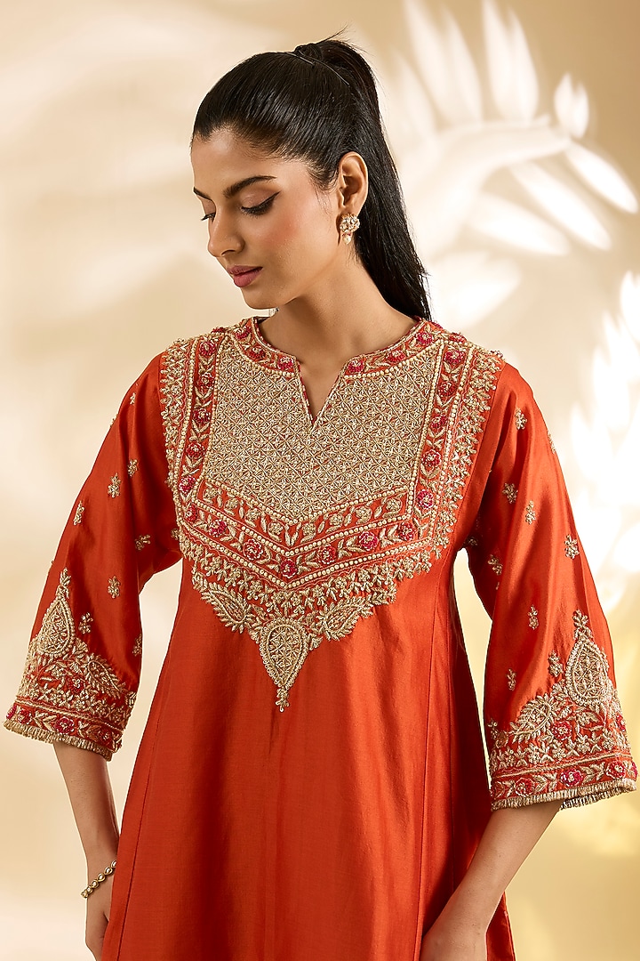 Burnt Orange Silk Chanderi Embroidered Kurta Set by Sheetal Batra at Pernia's Pop Up Shop