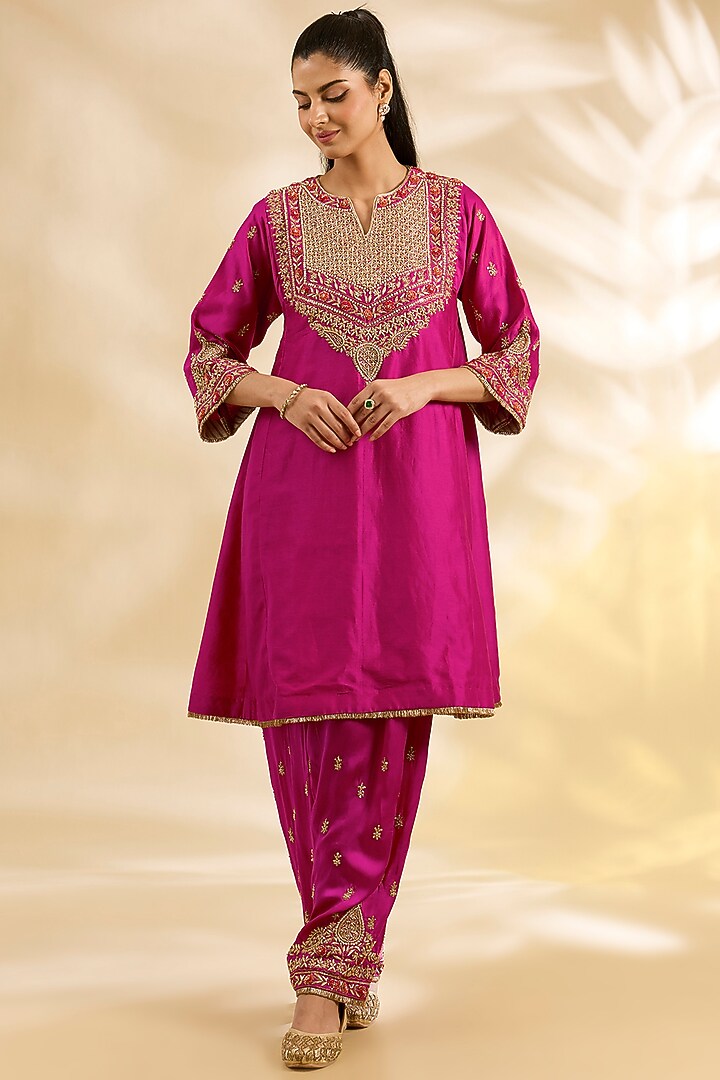 Hot Pink Silk Chanderi Embroidered Kurta Set by Sheetal Batra at Pernia's Pop Up Shop