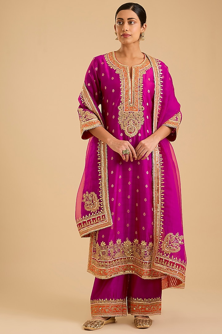 Hot Pink Chanderi Silk Kashmiri Tilla Embroidered A-Line Kurta Set by Sheetal Batra at Pernia's Pop Up Shop