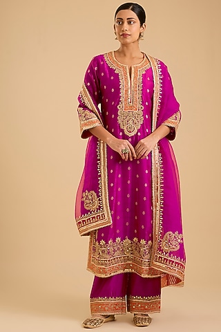 Hot Pink Chanderi Silk Kashmiri Tilla Embroidered A-Line Kurta Set by sheetal batra
