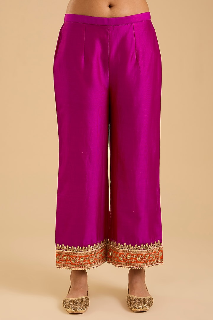 Hot Pink Chanderi Silk Kashmiri Tilla Embroidered A-Line Kurta Set by Sheetal Batra at Pernia's Pop Up Shop