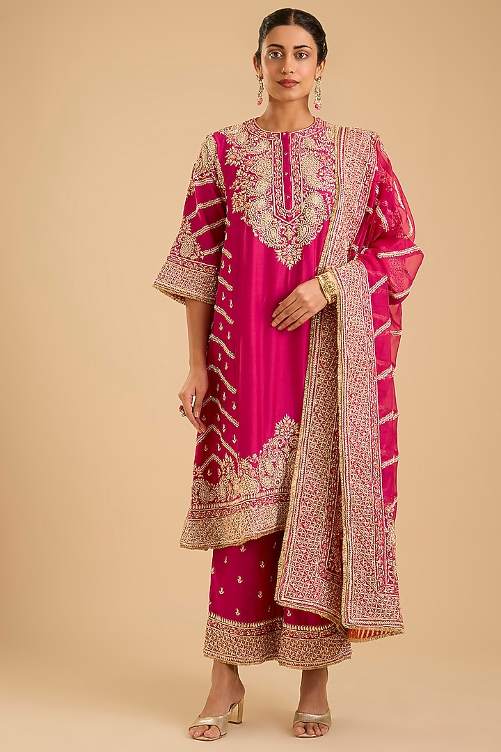 Hot Pink Pure Chanderi Silk Zardosi Embroidered Kalidar Kurta Set by Sheetal Batra at Pernia's Pop Up Shop