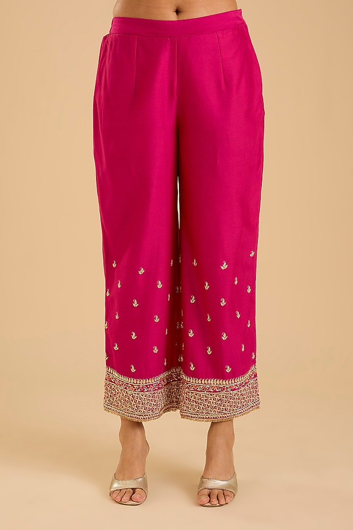 Hot Pink Pure Chanderi Silk Zardosi Embroidered Kalidar Kurta Set by Sheetal Batra at Pernia's Pop Up Shop