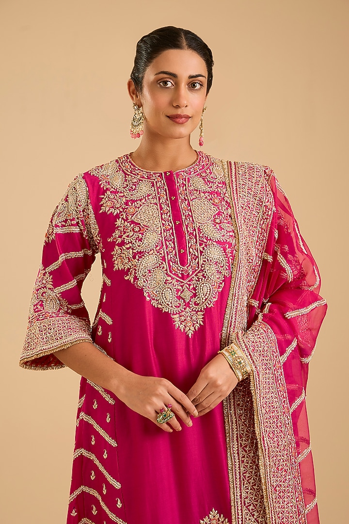 Hot Pink Pure Chanderi Silk Zardosi Embroidered Kalidar Kurta Set by Sheetal Batra at Pernia's Pop Up Shop