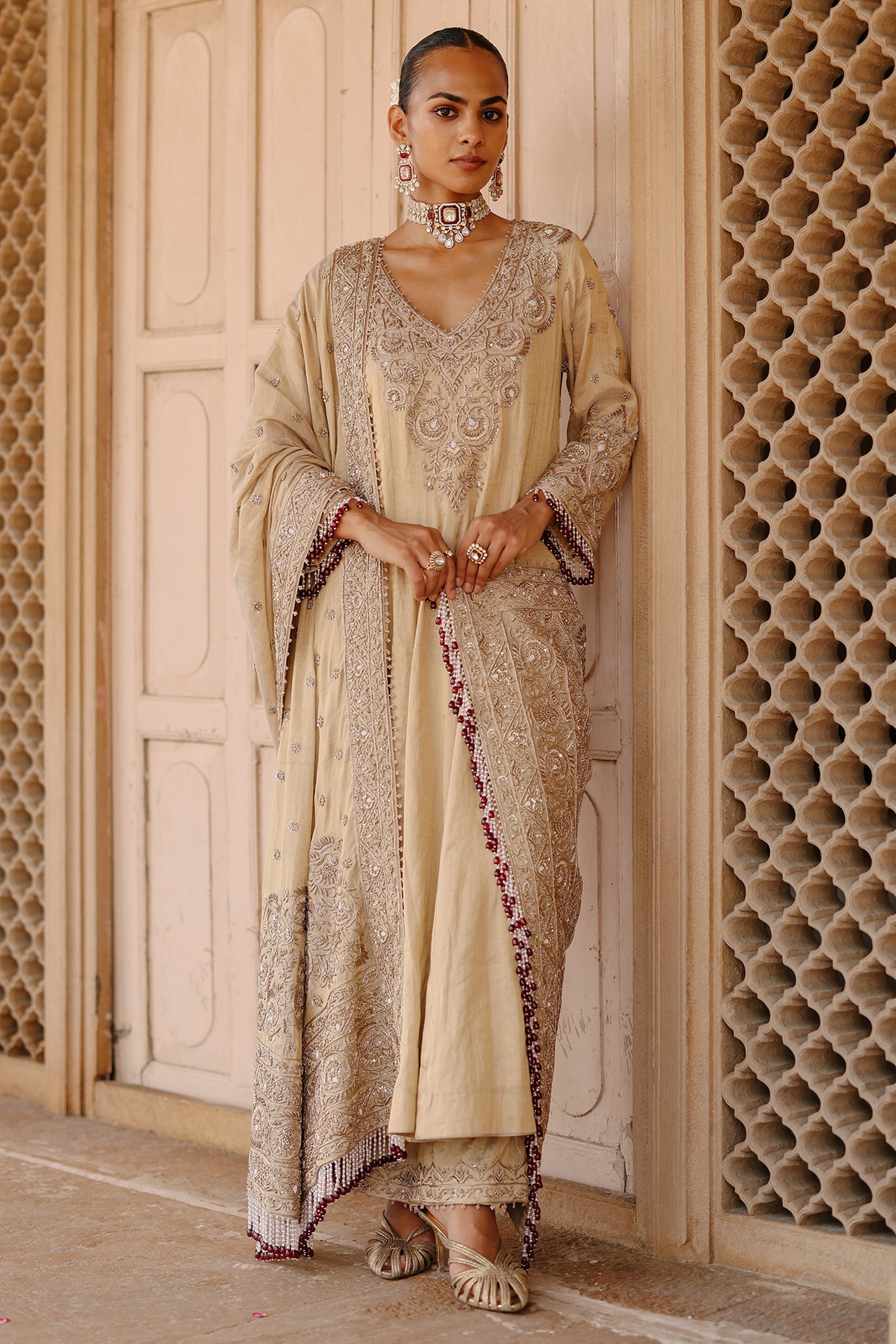 Sheetal Batra Gold Silk Tissue Zardosi Embellished Kalidar Anarkali Set