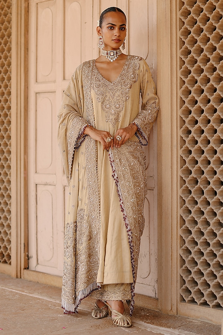 Gold Silk Tissue Zardosi Embellished Kalidar Bridal Anarkali Set by Sheetal Batra at Pernia's Pop Up Shop
