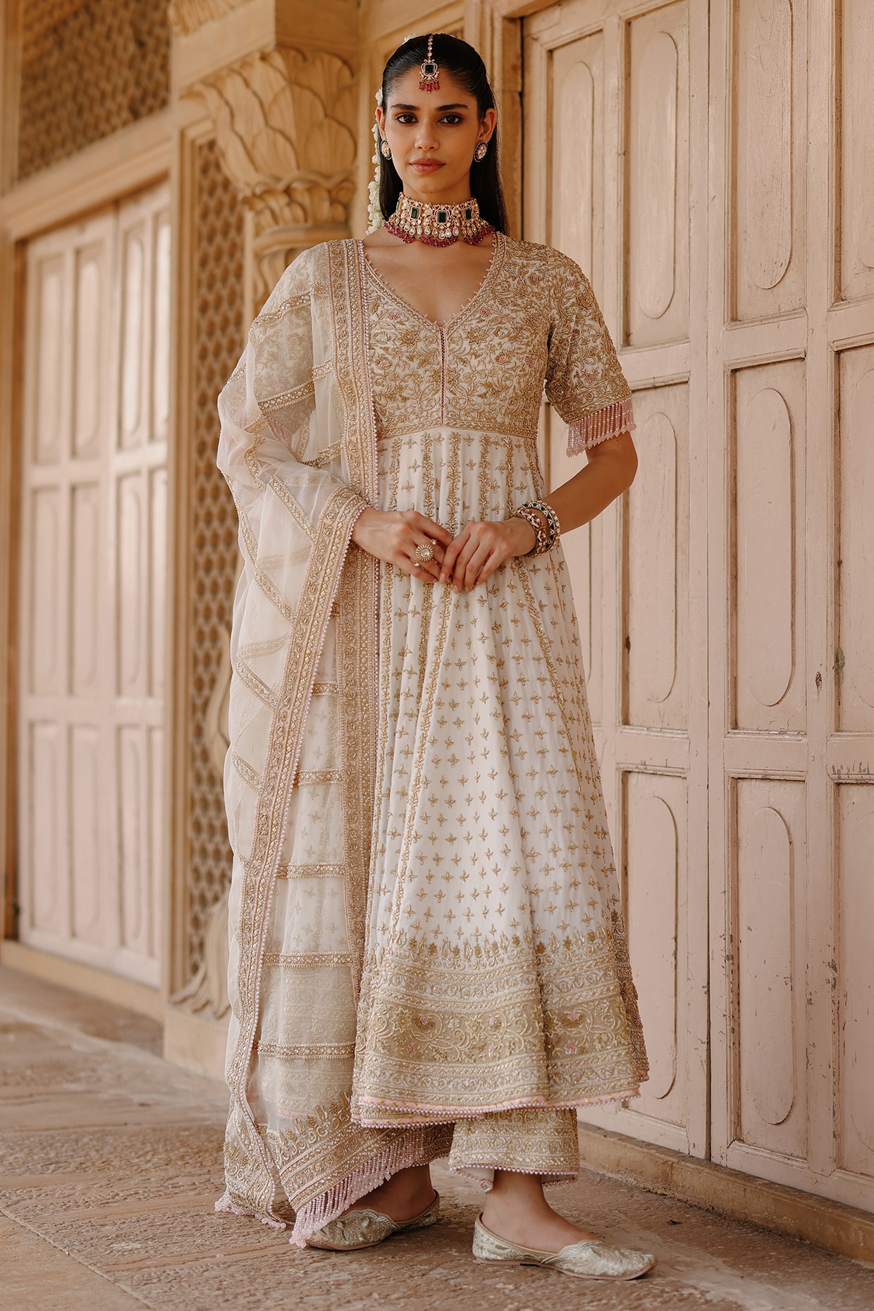 Sheetal Batra Daisy Ivory Pure Silk Tissue Zardosi Embellished Anarkali Set