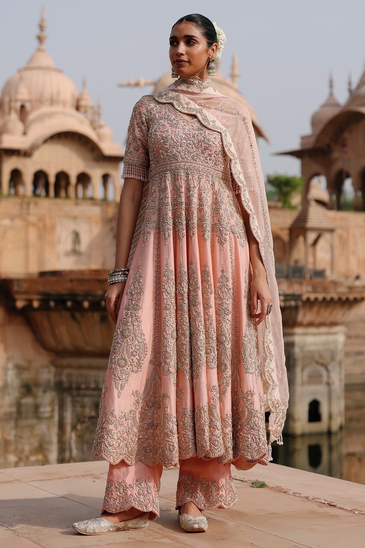 Sheetal Batra Pink Pure Silk Tissue Zardosi Embellished Anarkali Set