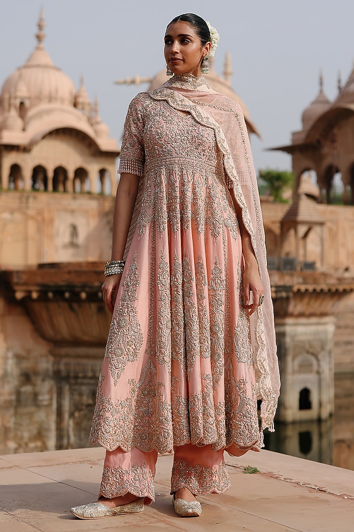 Pink Pure Silk Tissue Zardosi Embellished Bridal Anarkali Set by Sheetal Batra at Pernia's Pop Up Shop