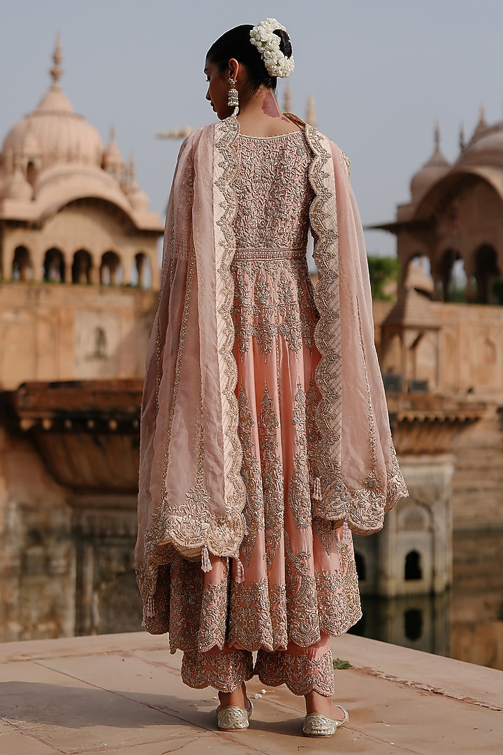 Pink Pure Silk Tissue Zardosi Embellished Bridal Anarkali Set by Sheetal Batra at Pernia's Pop Up Shop