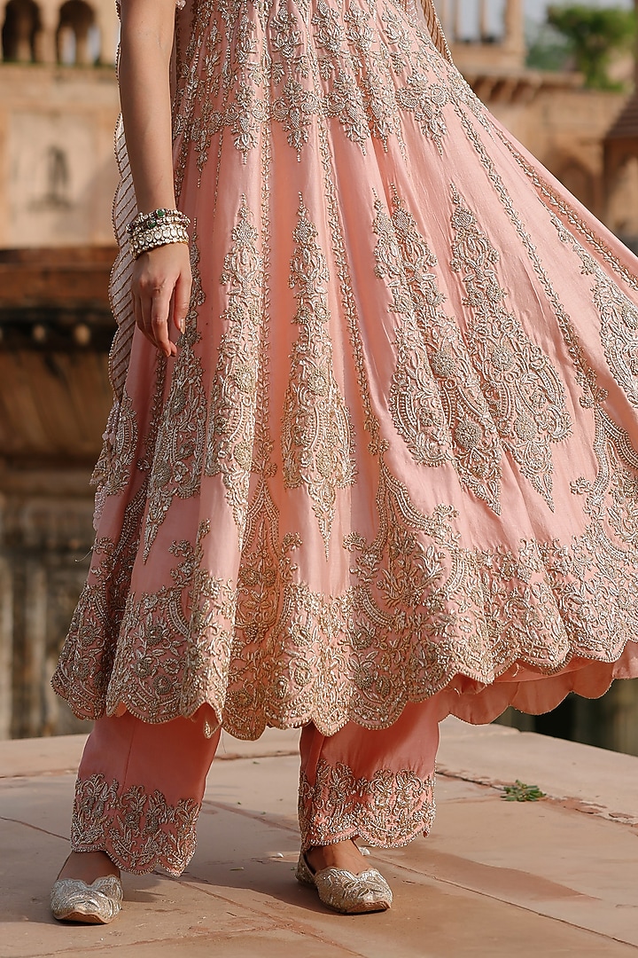 Pink Pure Silk Tissue Zardosi Embellished Bridal Anarkali Set by Sheetal Batra at Pernia's Pop Up Shop