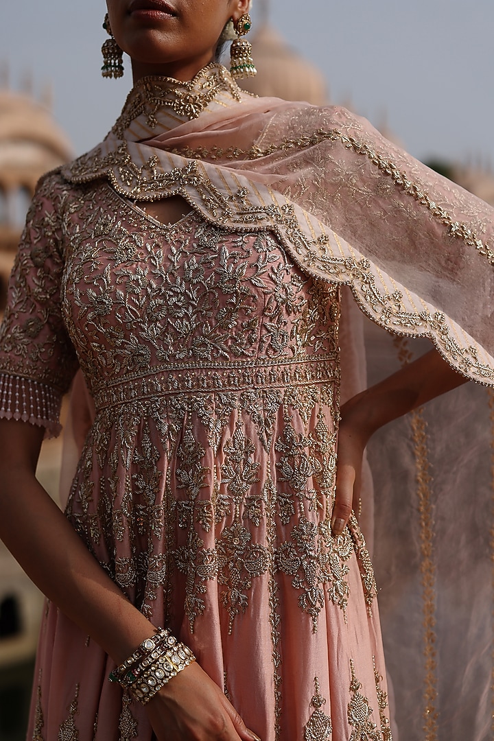 Pink Pure Silk Tissue Zardosi Embellished Bridal Anarkali Set by Sheetal Batra at Pernia's Pop Up Shop
