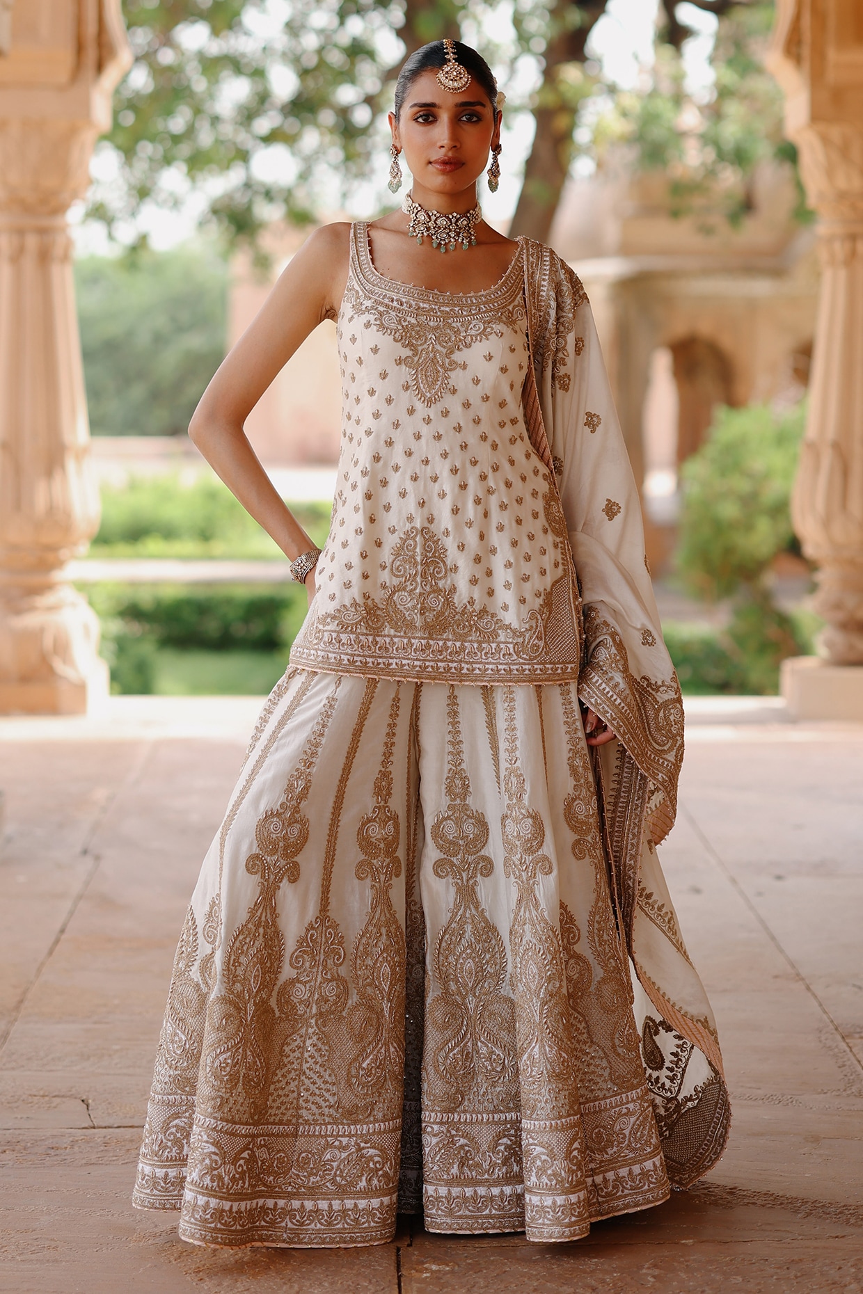 Sheetal Batra Daisy Ivory Pure Silk Chanderi Kashmiri Tilla Embroidered Sharara Set
