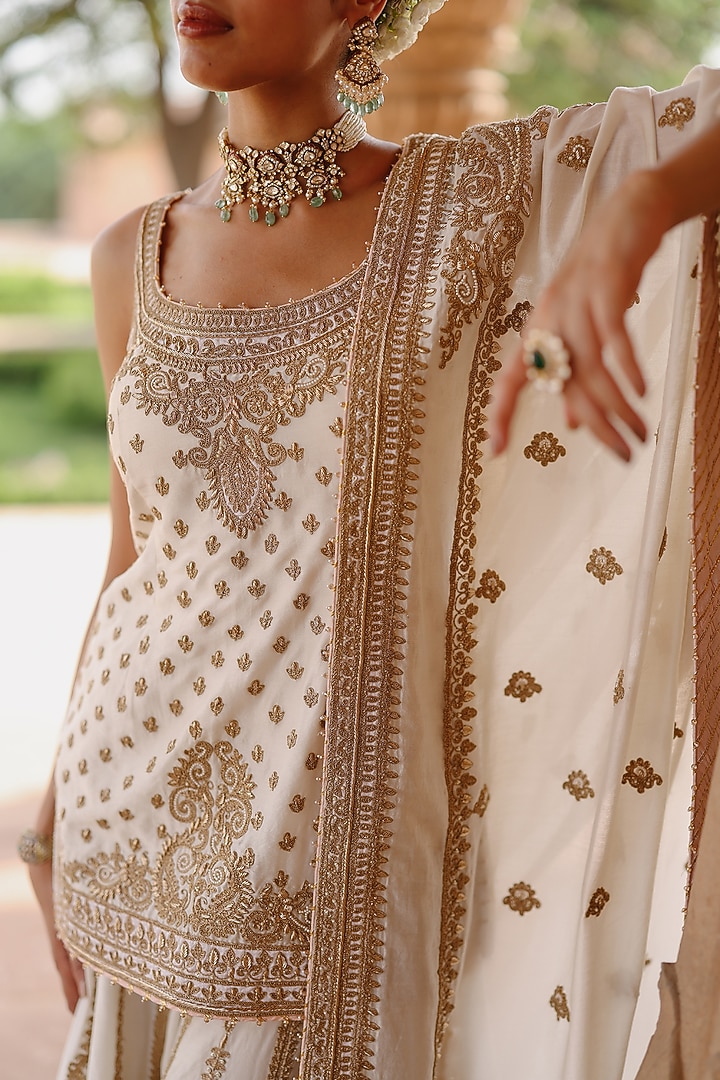 Daisy Ivory Pure Silk Chanderi Kashmiri Tilla Embroidered Bridal Sharara Set by Sheetal Batra at Pernia's Pop Up Shop
