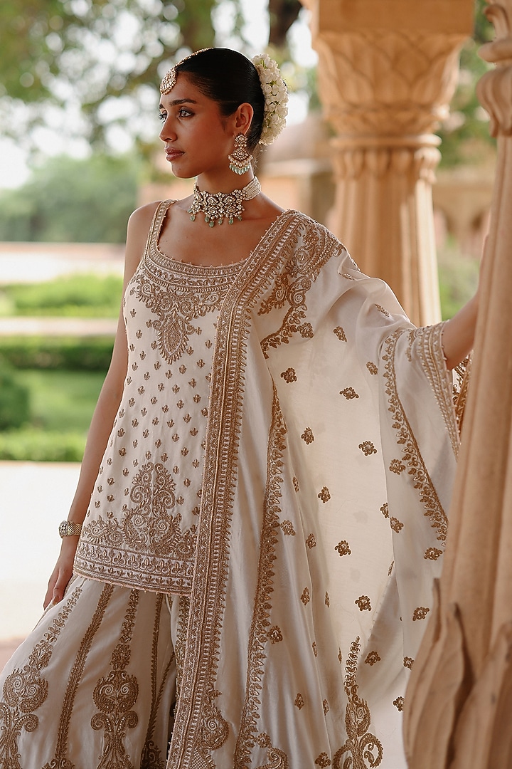 Daisy Ivory Pure Silk Chanderi Kashmiri Tilla Embroidered Bridal Sharara Set by Sheetal Batra at Pernia's Pop Up Shop