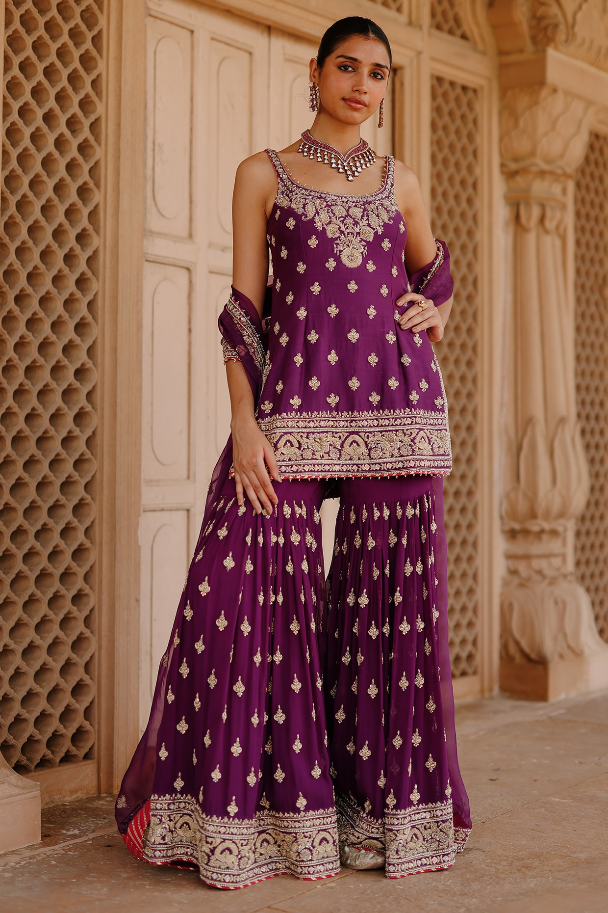Sheetal Batra Deep Purple Pure Silk Chanderi Dabka Embellished Gharara Set