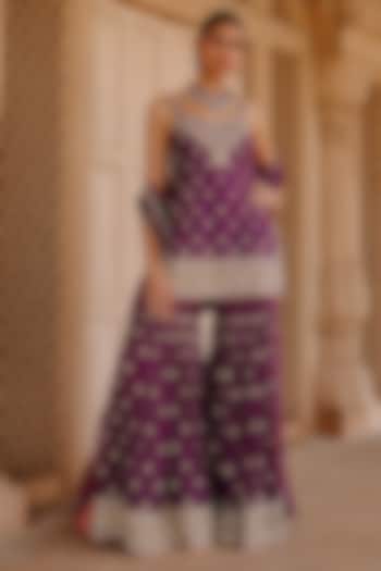 Deep Purple Pure Silk Chanderi Dabka Embellished Gharara Set by Sheetal Batra at Pernia's Pop Up Shop