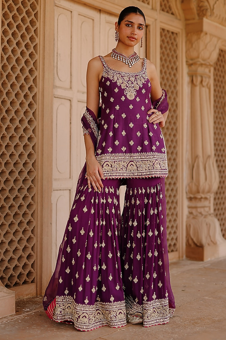 Deep Purple Pure Silk Chanderi Dabka Embellished Gharara Set by Sheetal Batra at Pernia's Pop Up Shop