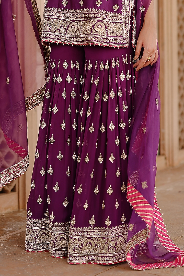Deep Purple Pure Silk Chanderi Dabka Embellished Gharara Set by Sheetal Batra at Pernia's Pop Up Shop