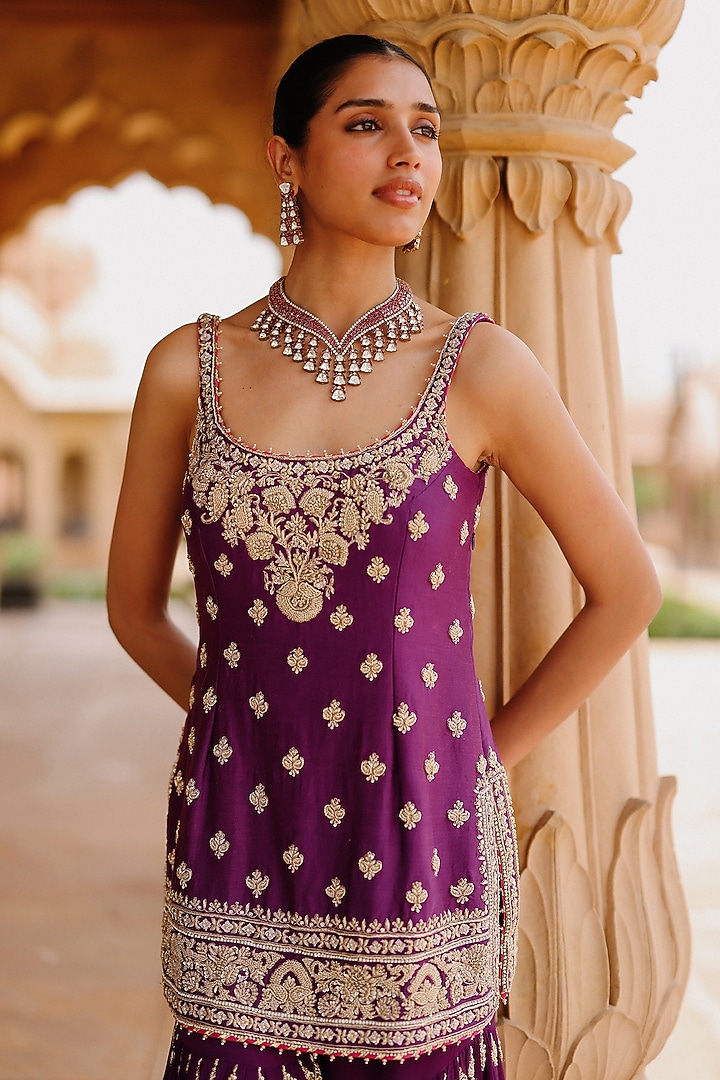 Deep Purple Pure Silk Chanderi Dabka Embellished Gharara Set by Sheetal Batra at Pernia's Pop Up Shop