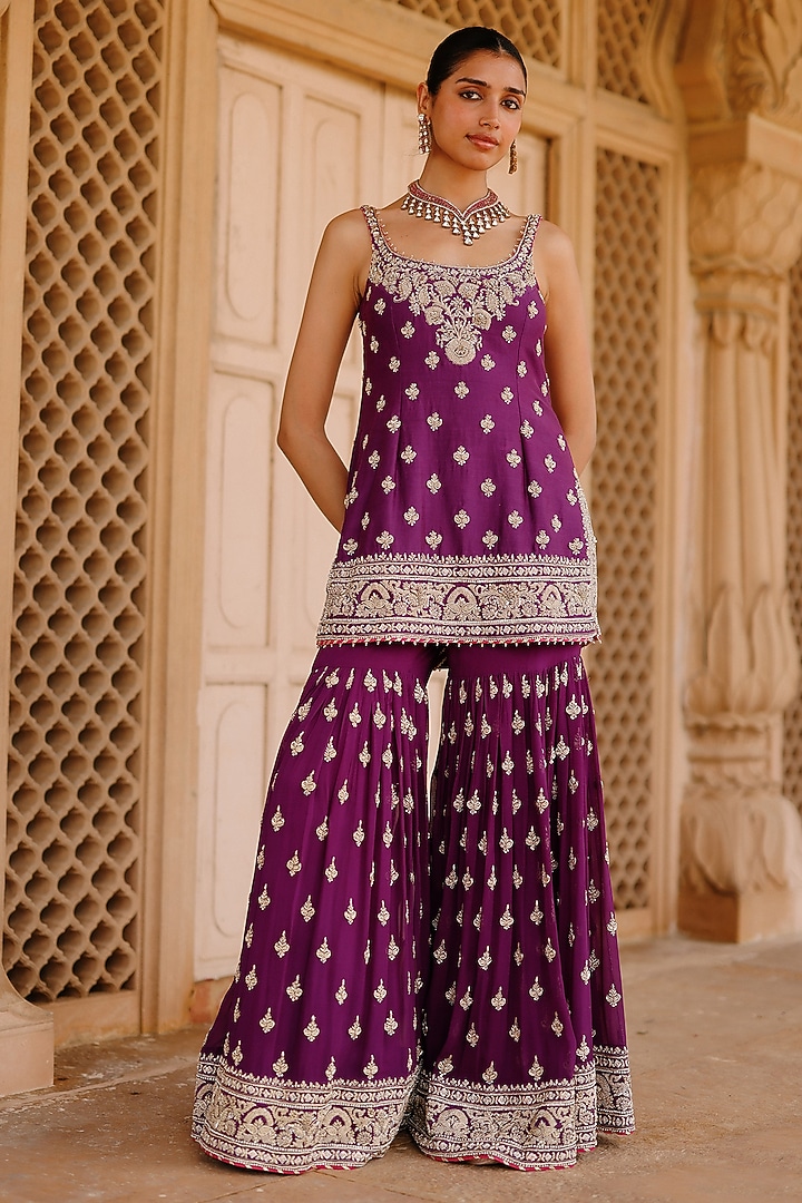 Deep Purple Pure Silk Chanderi Dabka Embellished Gharara Set by Sheetal Batra at Pernia's Pop Up Shop
